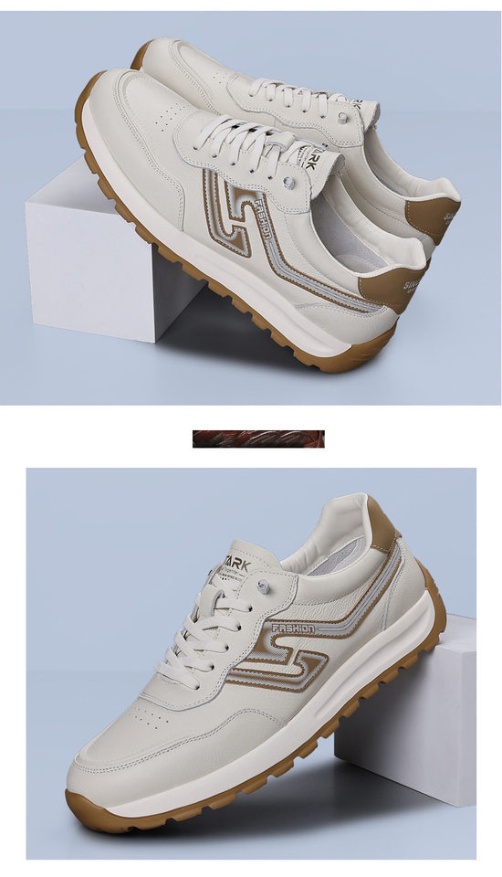 Giày sneaker nam da bò lớp đầu, kiểu Forrest Gump, da thật mỏng nhẹ thoáng khí, đế xốp, cổ thấp — Hạnh nhân trắng, Trắng xanh chi tiết 18