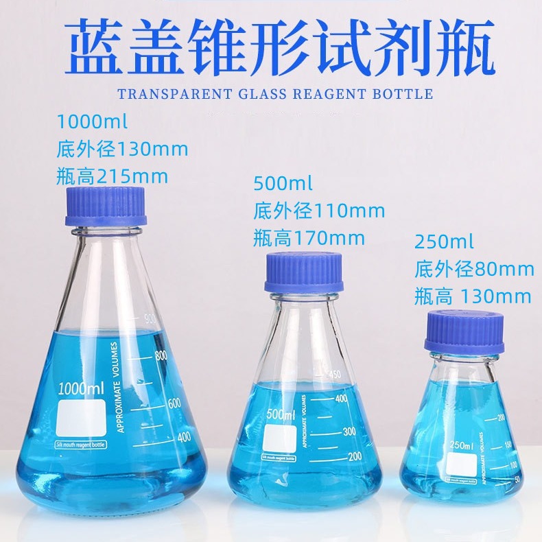锥形蓝盖试剂瓶250/500/1000ml锥形螺口试剂瓶螺口三角烧瓶玻璃瓶