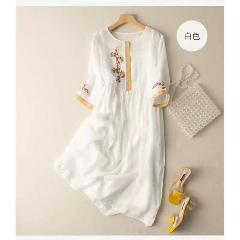 Сладкое, модное и простое платье в стиле колледжа 2025 года, весенний литературный этнический стиль, свободное платье с вышивкой из конопляного хлопка и средними рукавами.