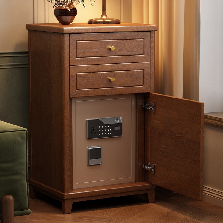 Solid Wood Bedside Table with Safe Integrated Home Anti-Theft Hidden Small Locker Fingerprint Password Safe