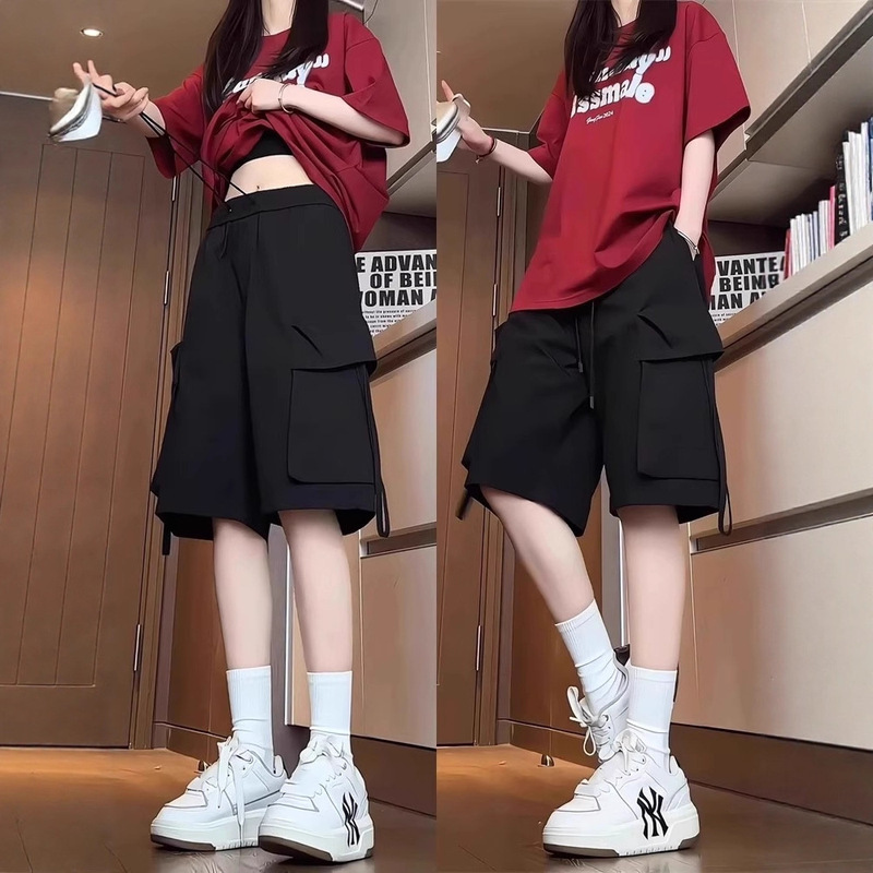 Black Large Pocket American-Style Work Shorts for Women, Summer 2025 New Casual Loose Straight-Leg Sports Knee-Length Shorts