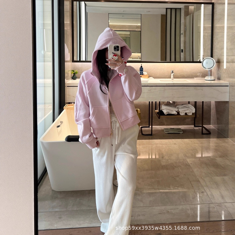 Lu Autumn and Winter 2025 New Women's Loose Velvet Casual Sports Fitness Full Zipper Short Hooded Sweatshirt for Women