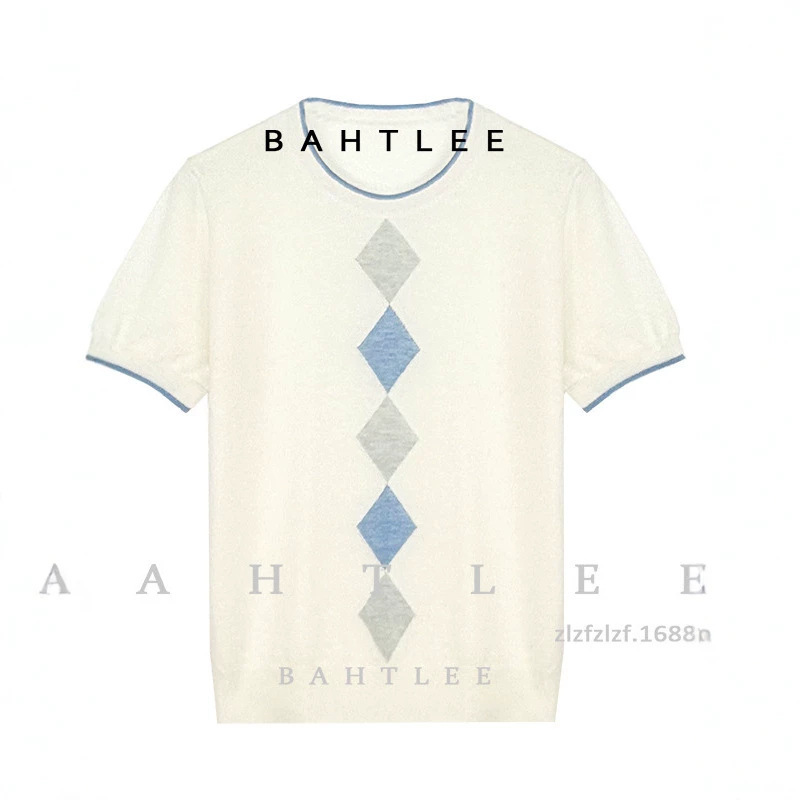 Summer Thin Australian Wool Miu Style Round Neck Knit Top with Simple Color-Blocking Diamond-Shaped Neckline, Slim-Fit Short Sleeve Top