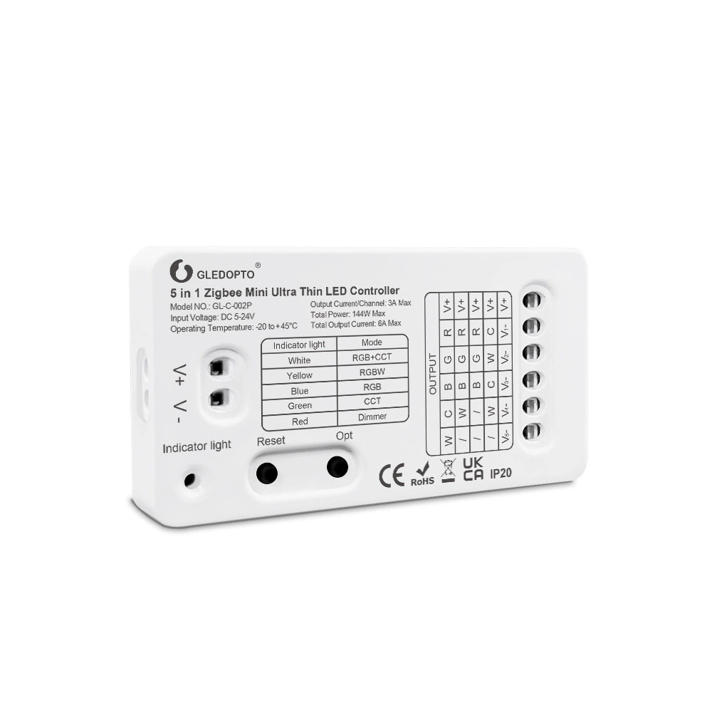 Контроллер LED (GLEDOPTO) GL‑C‑002P, Zigbee 3.0 + 2.4G, ультратонкий 5-в-1, DC5–24V, 3A/канал