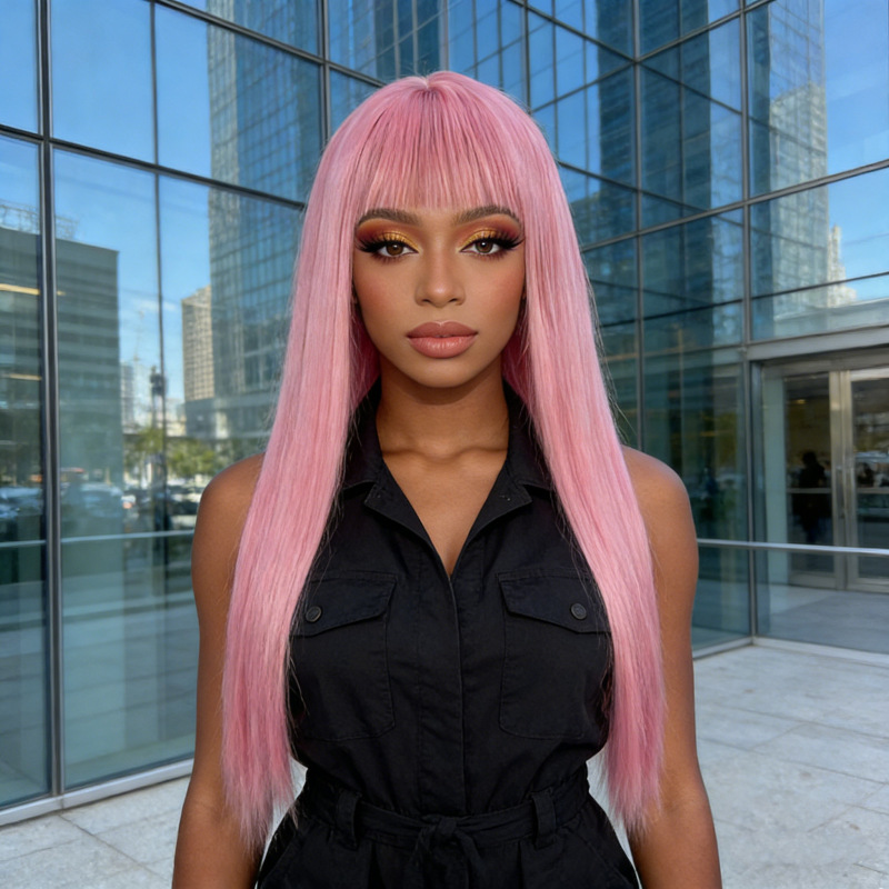 Europe and the United States cross-border wig girl light pink air bangs long straight hair chemical fiber full head cover high temperature silk factory outlet Europe and the United States cross-border wig girl light pink air bangs long straight hair chemical fiber full head cover high temperature silk factory outlet