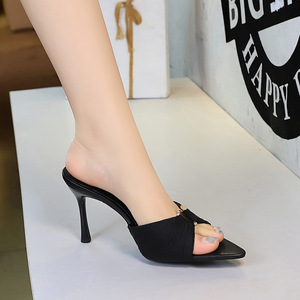 678-1 Korean version pleated lace slim heel high-heeled shoes with pointed and versatile straight strap sandals, exposed