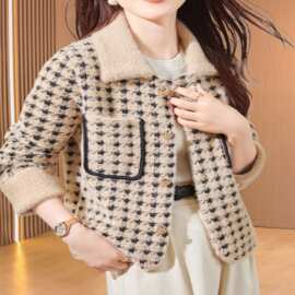 女装短款千鸟格毛呢外套保暖长袖上衣潮金貂绒面料小香风公主风