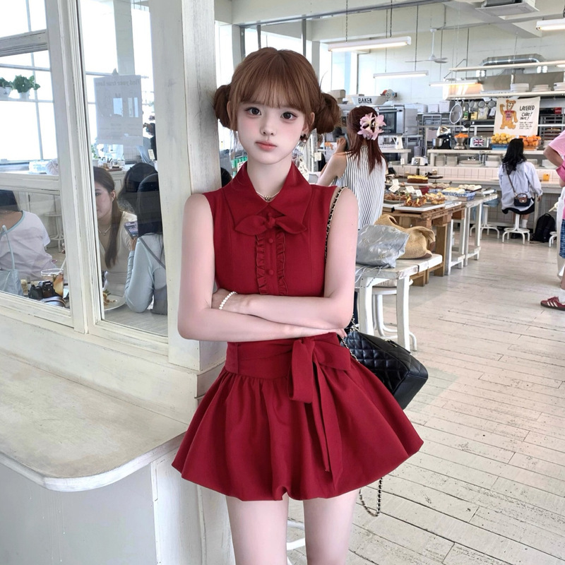 [Red Flower Night] Red Shirt Collar Dress Bud Skirt for Women Summer Petite Girly Fluffy Skirt