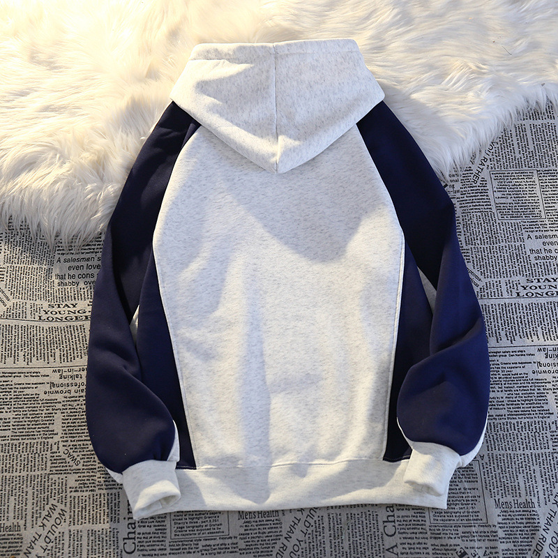 Felpa con cappuccio, manica raglan, stampata con lettere in stile americano, spessa e foderata in pile, patchwork, color-block, alla moda_voghion.com