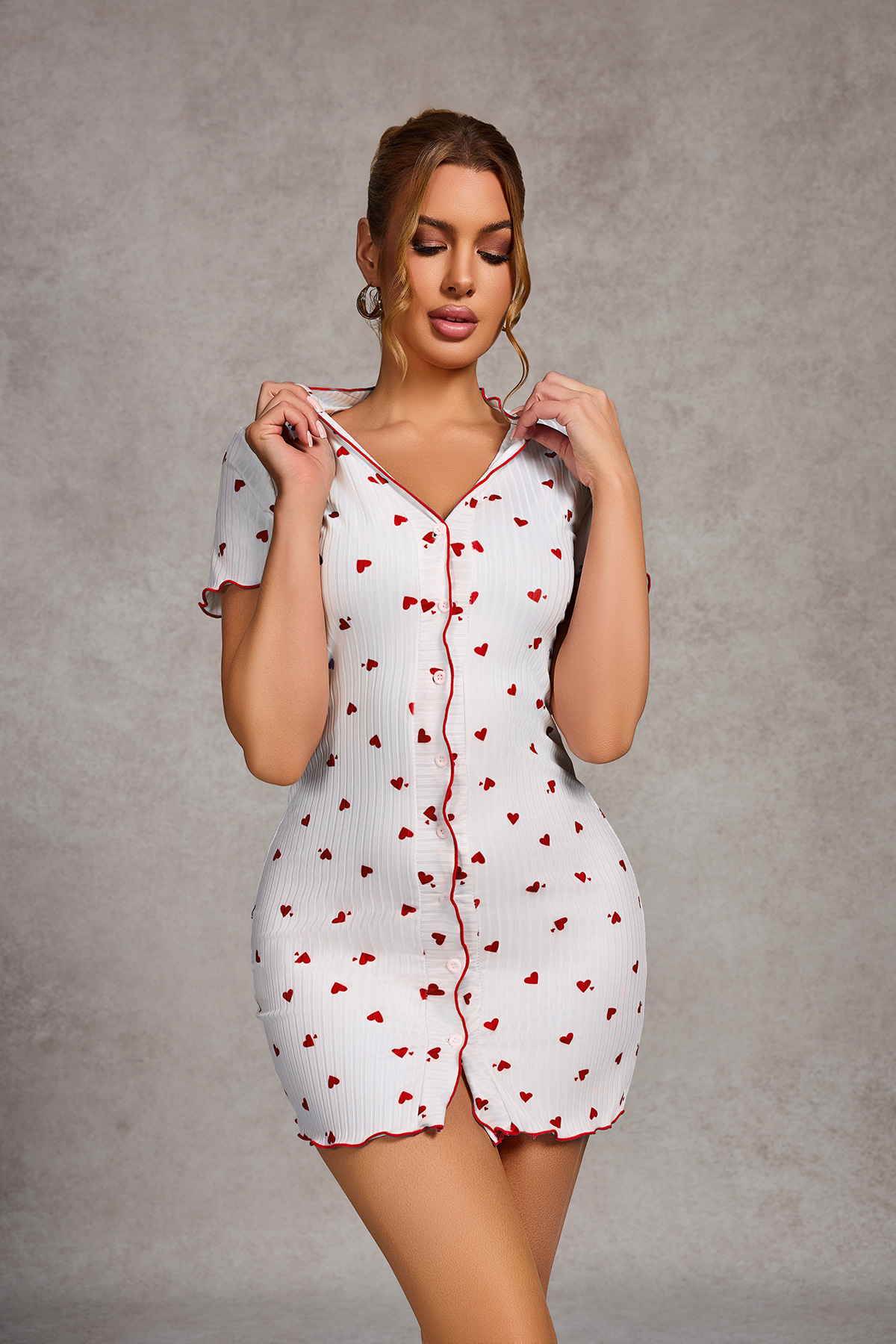 Pijamas transfronterizos europeos y americanos, botones de punto, moda delgada sexy, casual con cuello en V, rizado, ropa de casa, falda para dormir, ropa de mujer