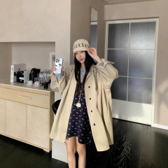 风衣女中长款韩系英伦风简约气质宽松翻领双门襟卡其色大衣外套