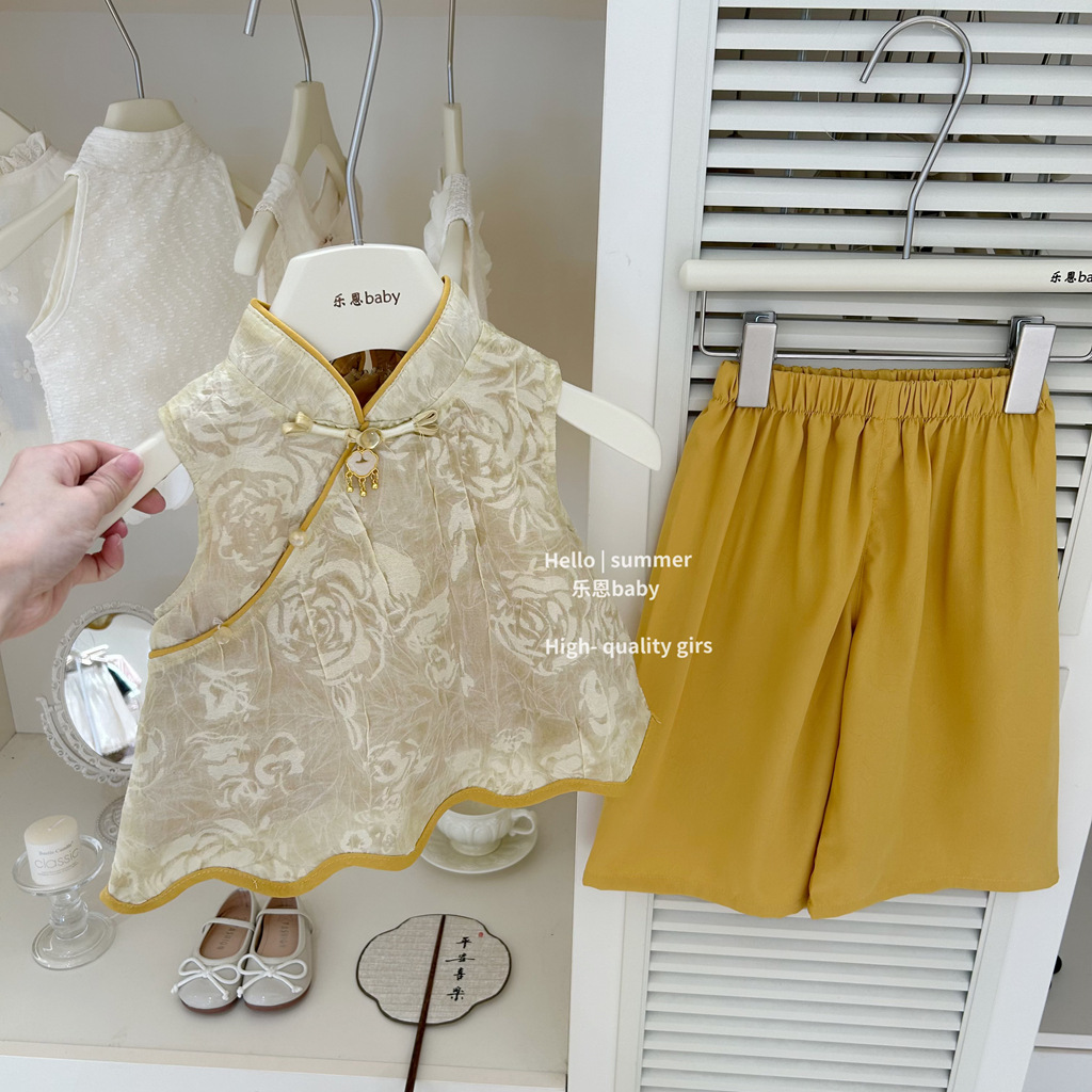 [Le En baby] Verano para niñas nuevo amarillo nuevo chaleco chino top estilo nacional pantalones anchos traje de bebé