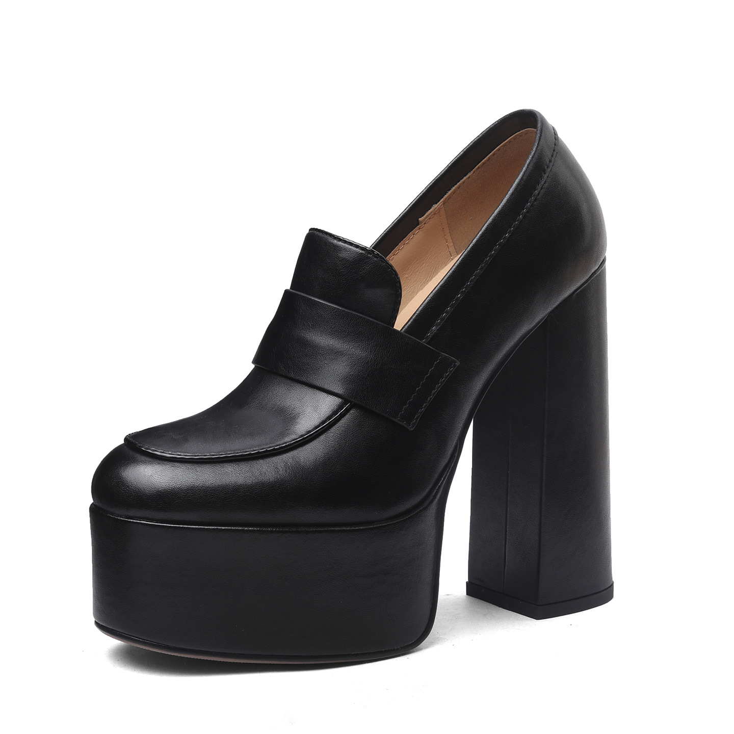 Giày cao gót nữ đế xuồng platform gót vuông 14cm, phong cách trình diễn, đế dày không mỏi chân — màu đen, màu trắng ngà