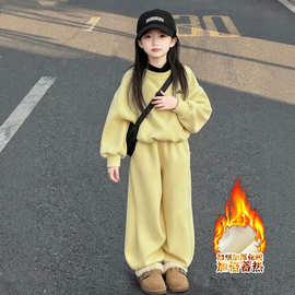 女童冬装一体绒卫衣卫裤两件套2025新款中大童韩版加绒宽松套装潮