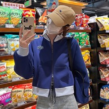 蓝色短款卫衣外套女春秋2026新款拼接撞色小个子立领上衣拉链开衫