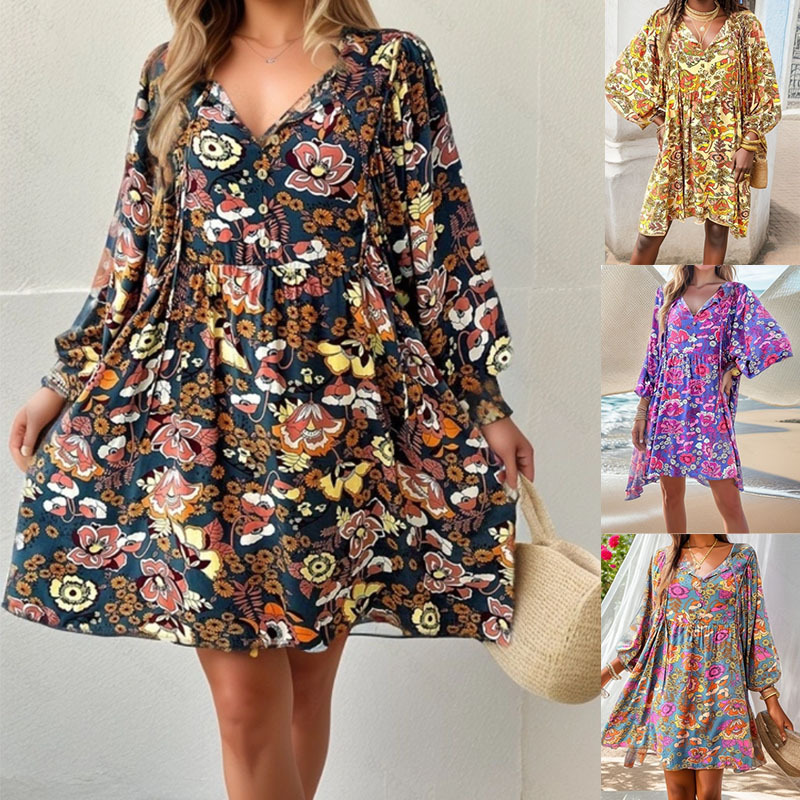 Women's Clothing Export Shein Independent Station 2024 Spring and Summer Casual Holiday Printed Long-Sleeved Dress