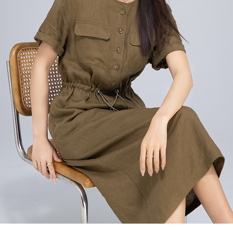 Đầm maxi nữ linen dáng rộng eo rút dây, thiết kế cắt may 3D — màu ô liu xanh chi tiết 27