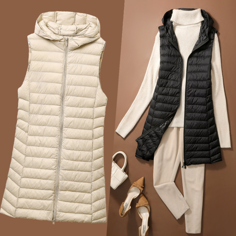 Pinghu Autumn and Winter Hooded Lightweight down Vest for Women, Mid-Length Slim Fit Plus Size Sports down Jacket Inner Vest Pinghu Autumn and Winter Hooded Lightweight down Vest for Women, Mid-Length Slim Fit Plus Size Sports down Jacket Inner Vest