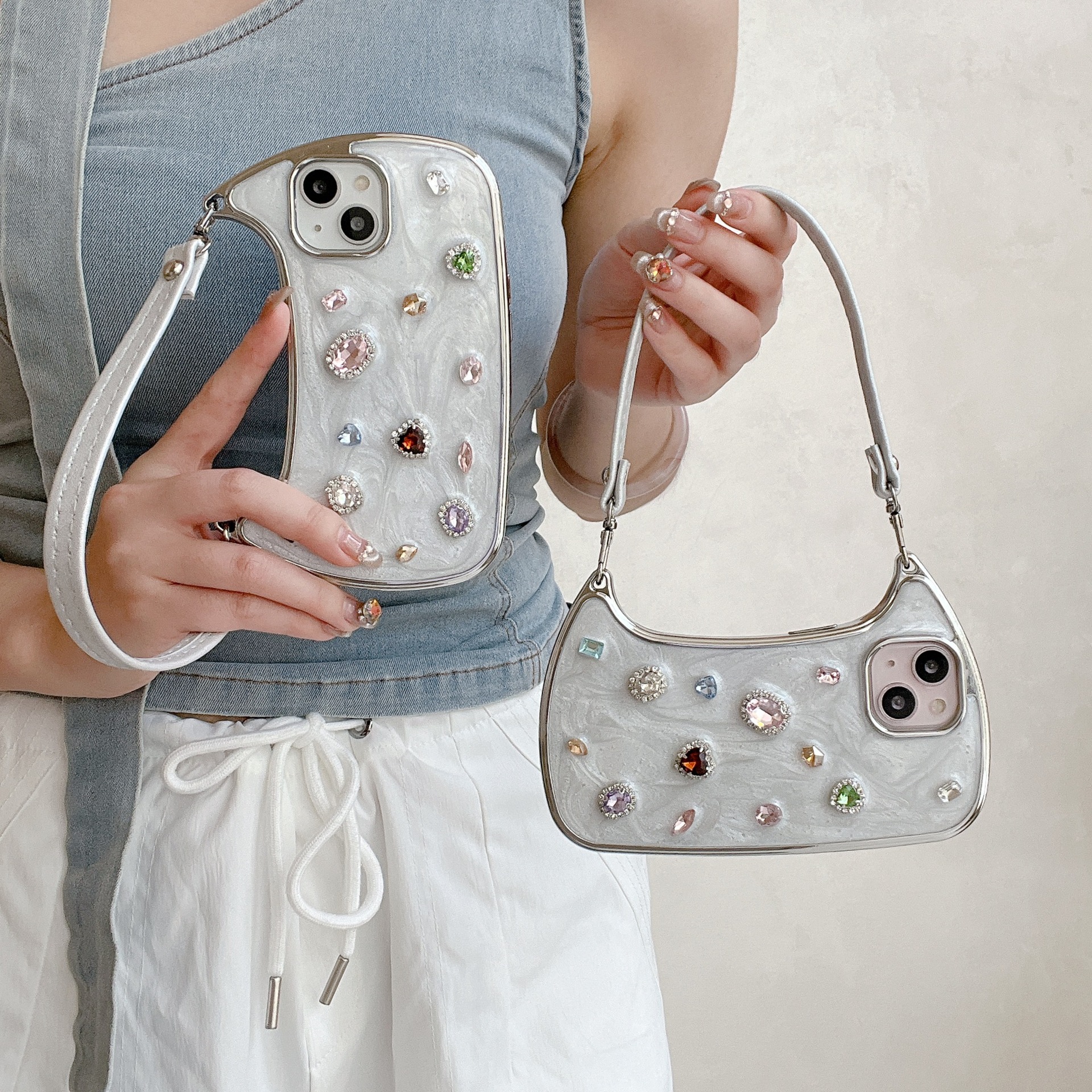 Diamante de piedra preciosa tridimensional galvanizado para iPhone 15ProMax bolso de la caja del teléfono móvil 13 lujo ligero 14 mujer 12 mensajero 15