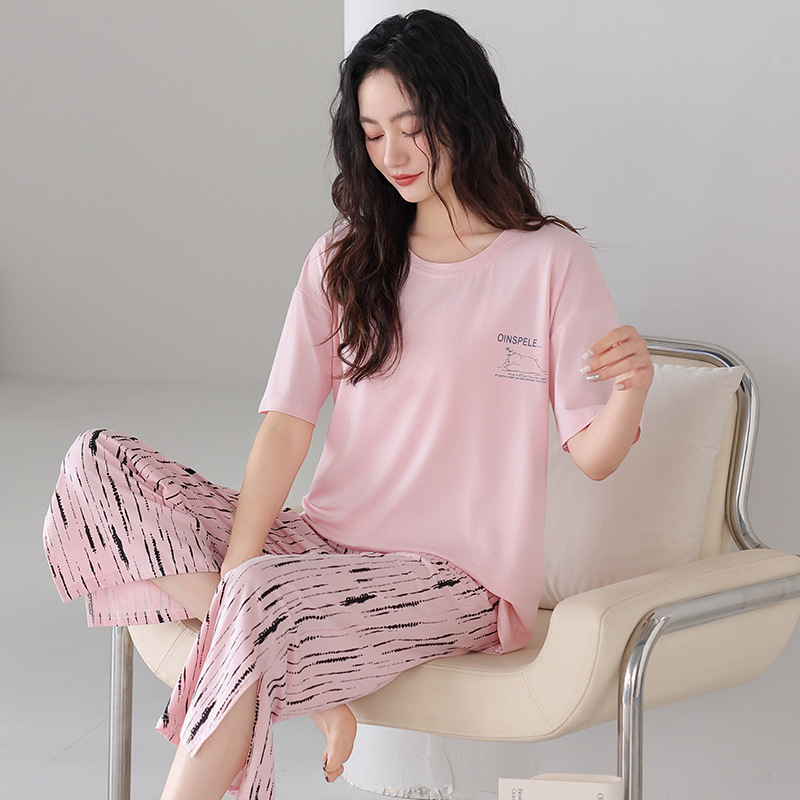 Pajamas Women's New Modal Summer Short-sleeved New Round Neck Casual Capri Pants for Small Men Outer Wear