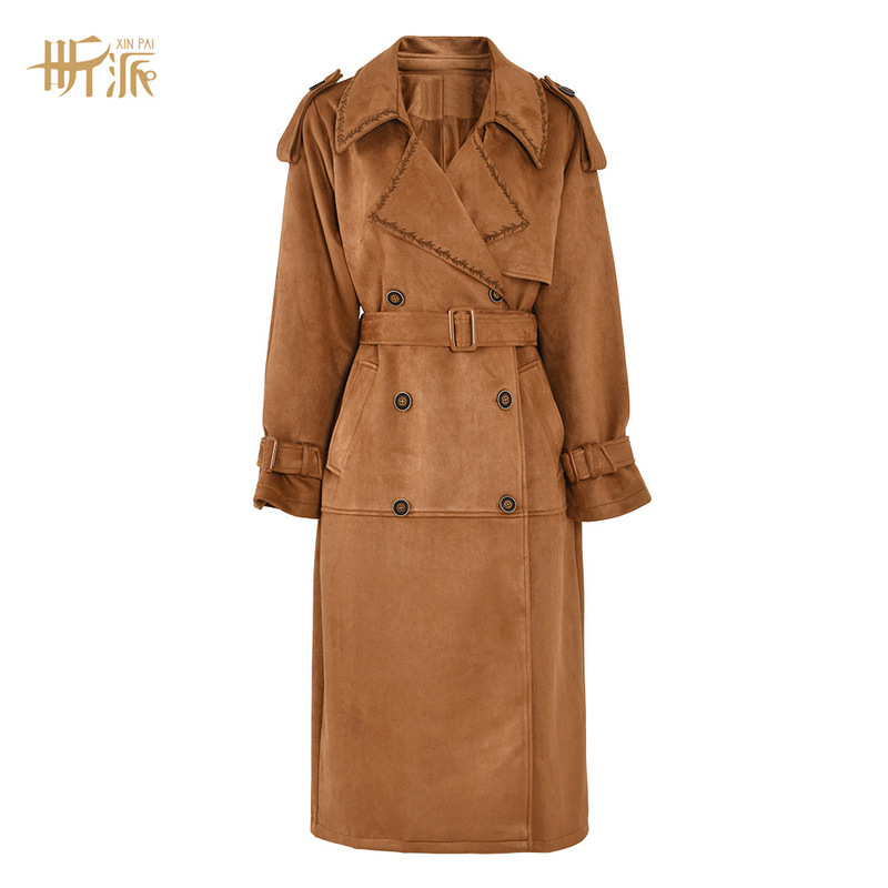 Autumn new design sense Maillard style suede trench coat warm style elegant high sense retro overcoat