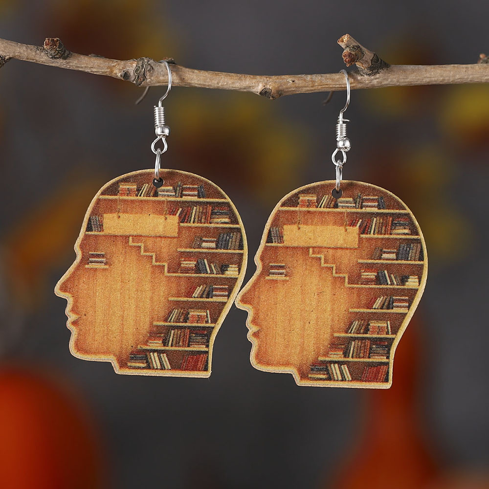 欧美创意人头大脑书架耳坠阅读爱好者图书管理员耳环双面木质耳饰