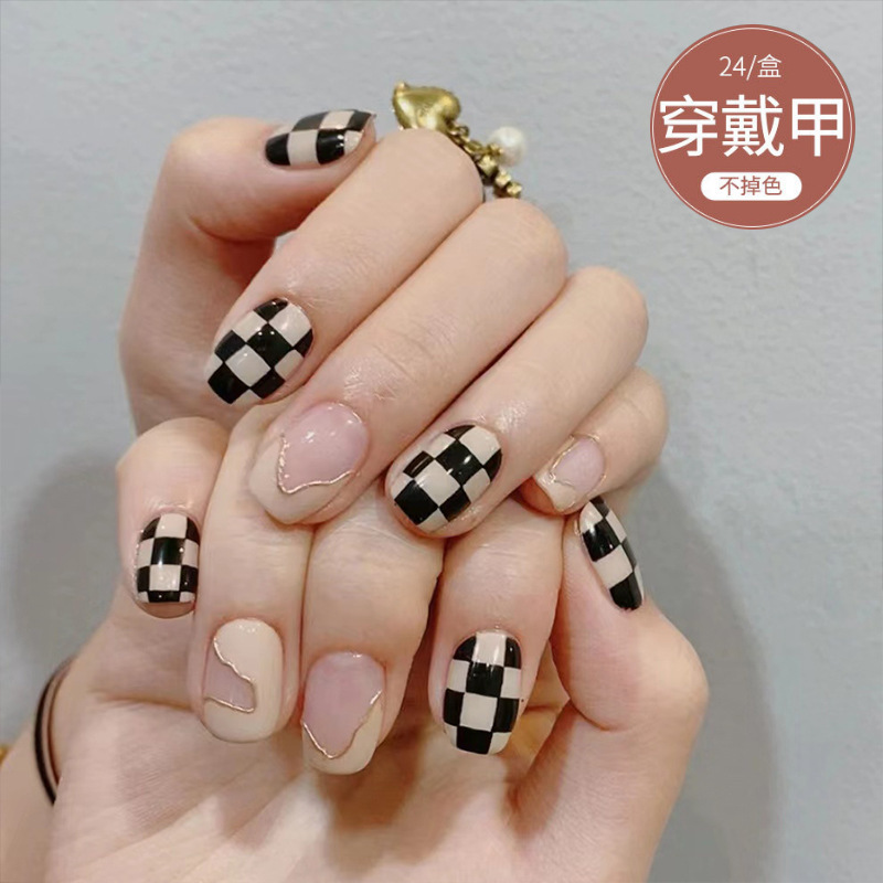 D084 Fake Nail Patch Removable Wholesale Champagne Checkerboard Wearing Armor ins Wind Nail Patch Finished Women