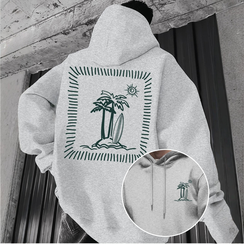 Island surfing hooded sweatshirt, with double coconut tree island prints on the front and back, vintage vacation loose-fit pullover hoodie.