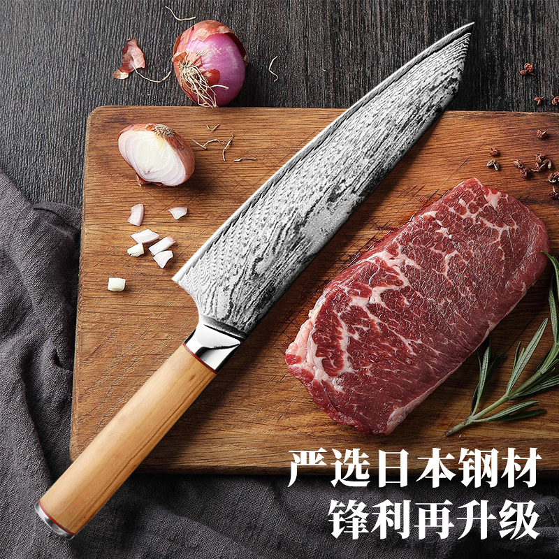 阳江不锈钢厨师刀 家用切片切肉刀 大马士革日本AUS10橄榄木菜刀