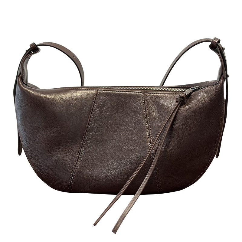 2025 New Women's Leather Bag First Layer Cowhide Crossbody Bag Casual Half Moon High-End Saddle Shoulder Bag - Thumbnail 5