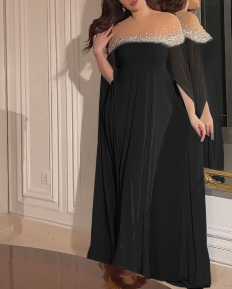 Elegant aftenkjole for damer med perler og stein i chiffon_voghion.com