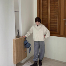 秋冬濮院新品韩系复古人字纹羊毛立领拉链短款夹克羊毛大衣外套女