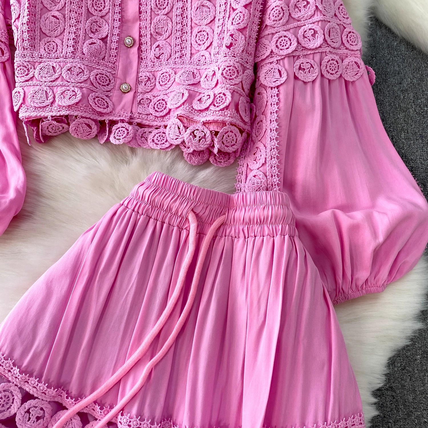 Elegantes Damen Zweiteiler Set Rosa Spitzenbluse Mit Rock_voghion.com