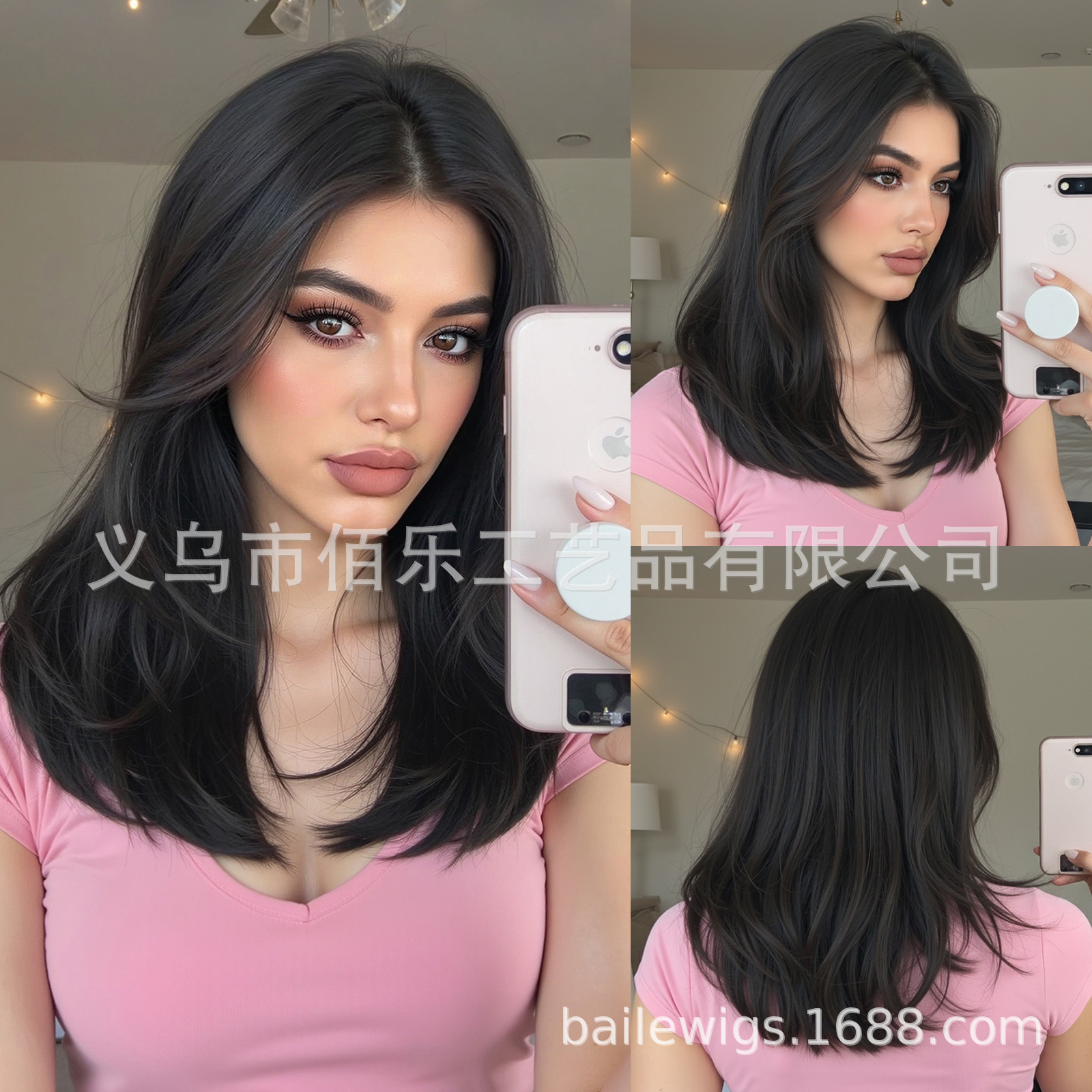 Perucas negras 16 pulgadas franjas de ocho capas de cabello recto europeo y americano venta caliente al por mayor wig