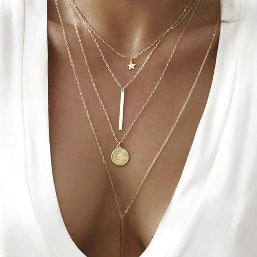 Retro Pentagram Long-Handle Pendant Multi-Layer Necklace | Trendy Four-Layer Combined Chain Set Necklace Jewelry from Europe and America