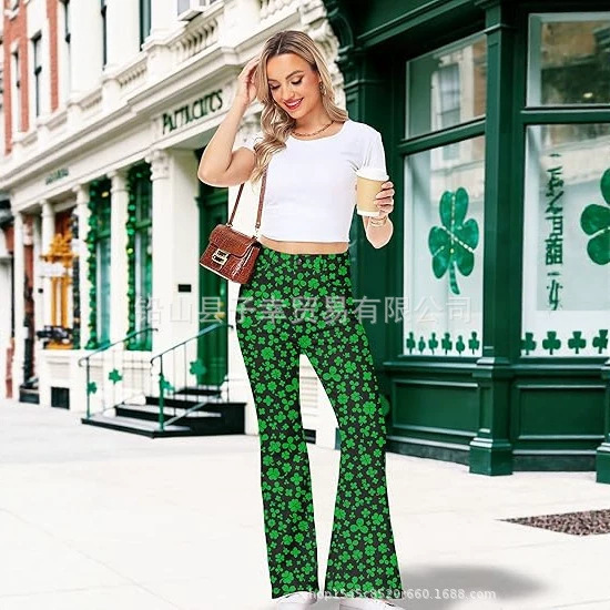 Cross-border green clover print flared jeans for women, high-waisted slim-fit bell-bottom pants, St. Patrick's Day party Cross-border green clover print flared jeans for women, high-waisted slim-fit bell-bottom pants, St. Patrick's Day party