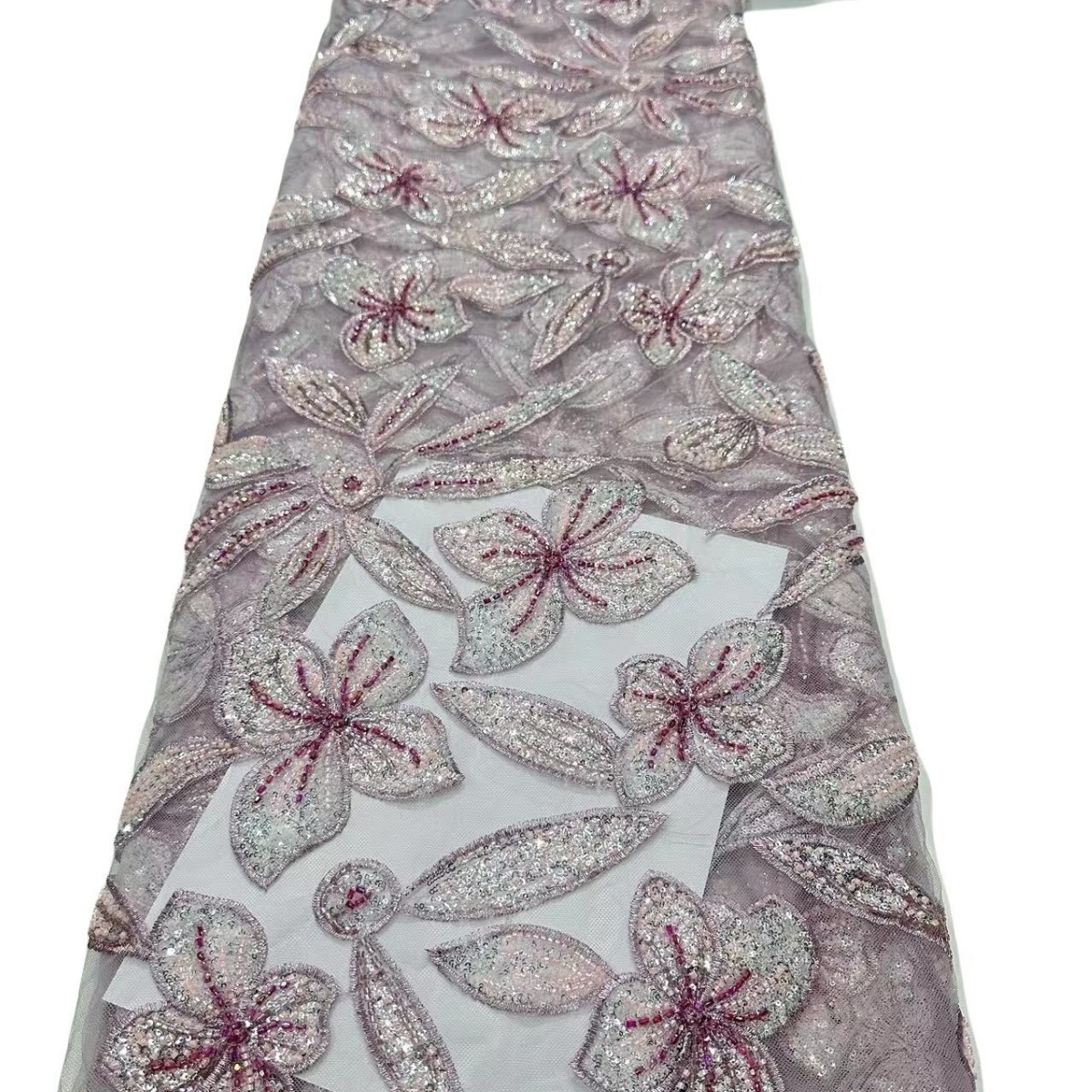 Flores de hojas bordadas de encaje bordado tela de alto lujo vestido de boda vestido de tela en stock