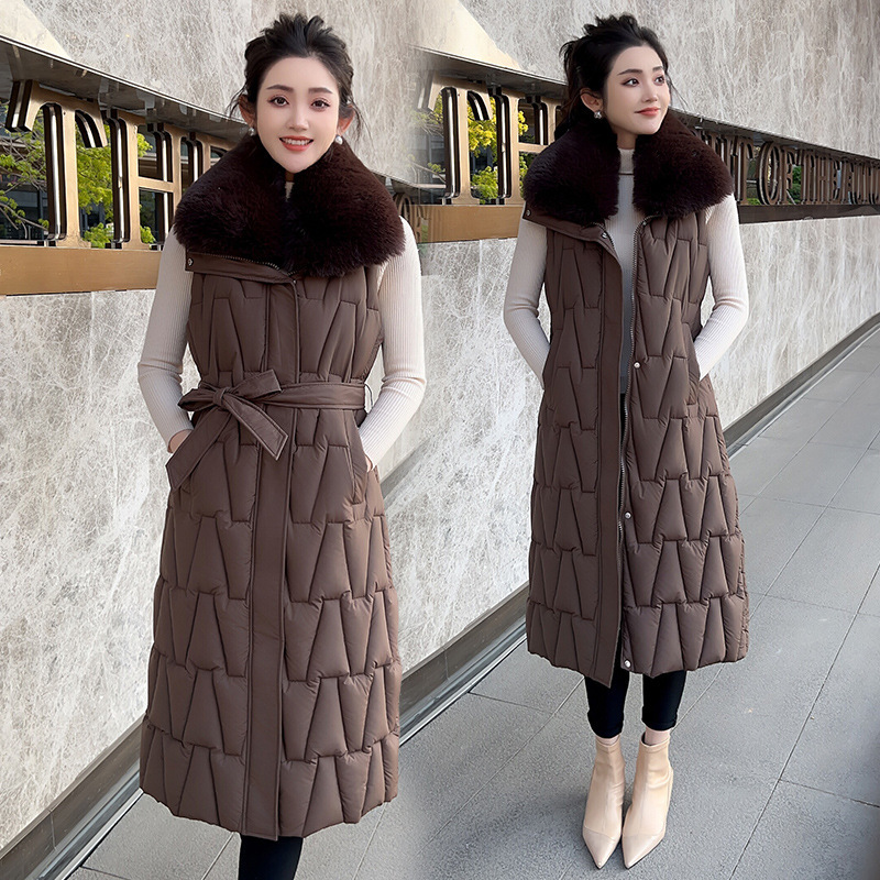 2025 Autumn and Winter down Cotton Vest Women's New Large Size Over-The-Knee Long Korean Style Middle-Aged Slim Fur Collar Vest Jacket