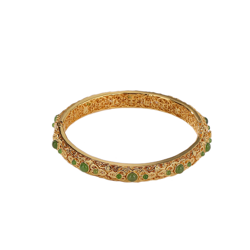 Vòng tay nữ hạt tròn bạc S925 mạ vàng kết hợp ngọc bích jasper phong cách retro — Kiểu mạ bạch kim