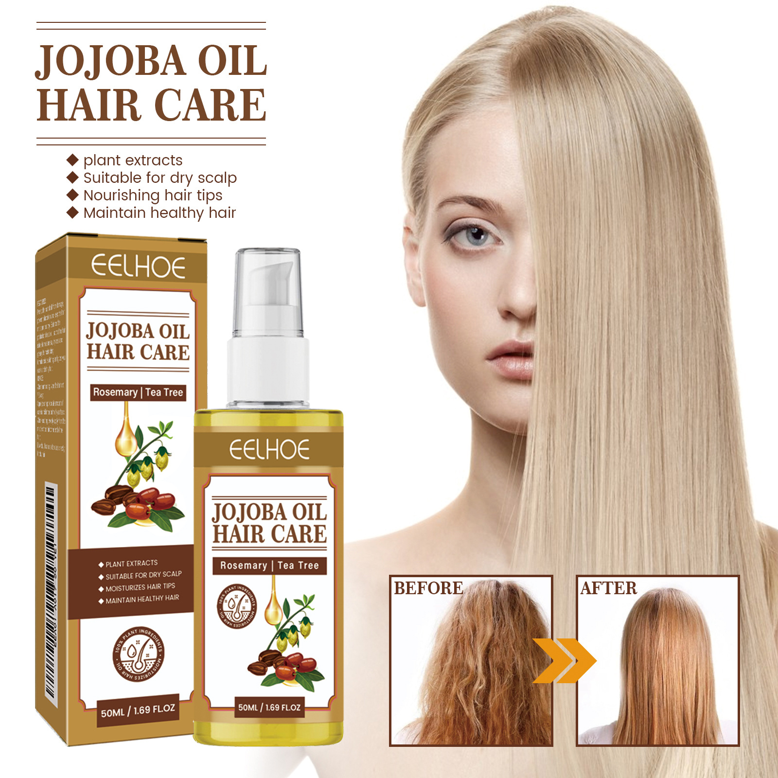 EELHOE jojoba juuksehooldusõli silub kuivi ja kahuseid juukseid, tugevdab juukseid, masseerib peanahka ja hooldab juukseid._voghion.com