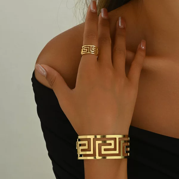 New Cross-Border European and American Style Women's Geometric Smooth Bracelet and Ring Set, Adjustable Open Design Niche Bracelet