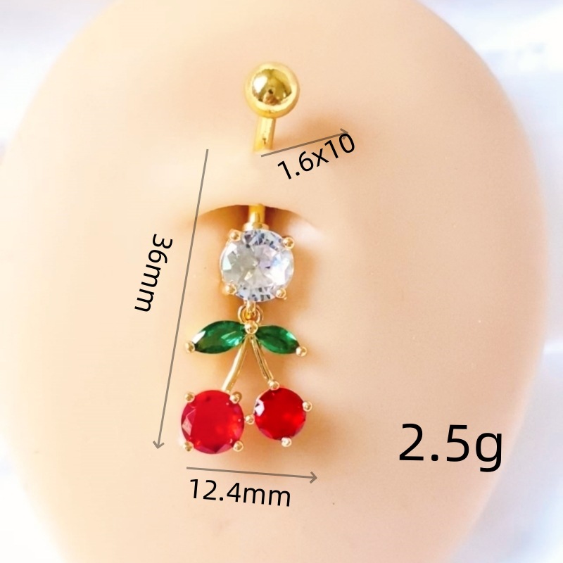 High-End Copper Inlaid Cherry Belly Button Ring Dangle Navel Nail Body Piercing Jewelry Gold detail image 7