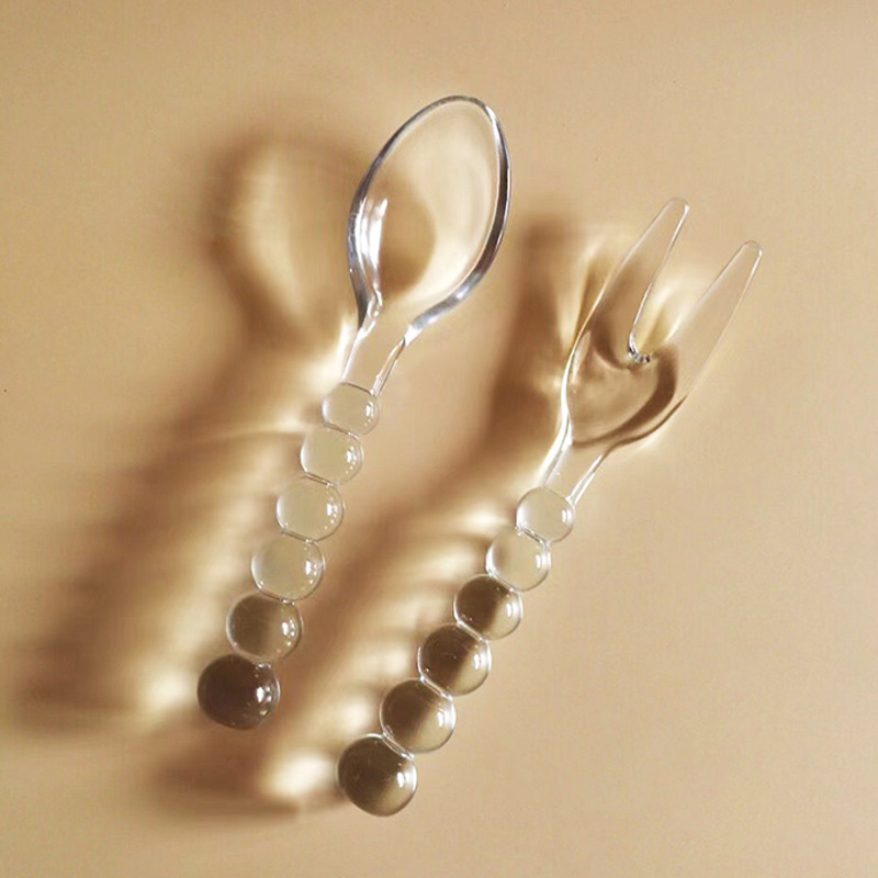 Mid-ancient American glass beads pastry glass tableware spoon Fork creative original pink green glass spoon household