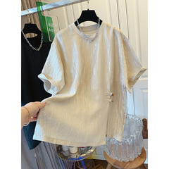 高級感超きれいなパールのしわの筋理感新中国式オープンフォーク半袖tシャツの上着の女性の寛松夏