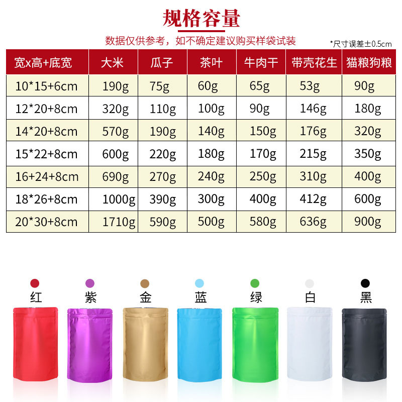 Frosted color stand-up bag black thickened aluminum foil matte food stand-up bag plastic sealed packaging bag
