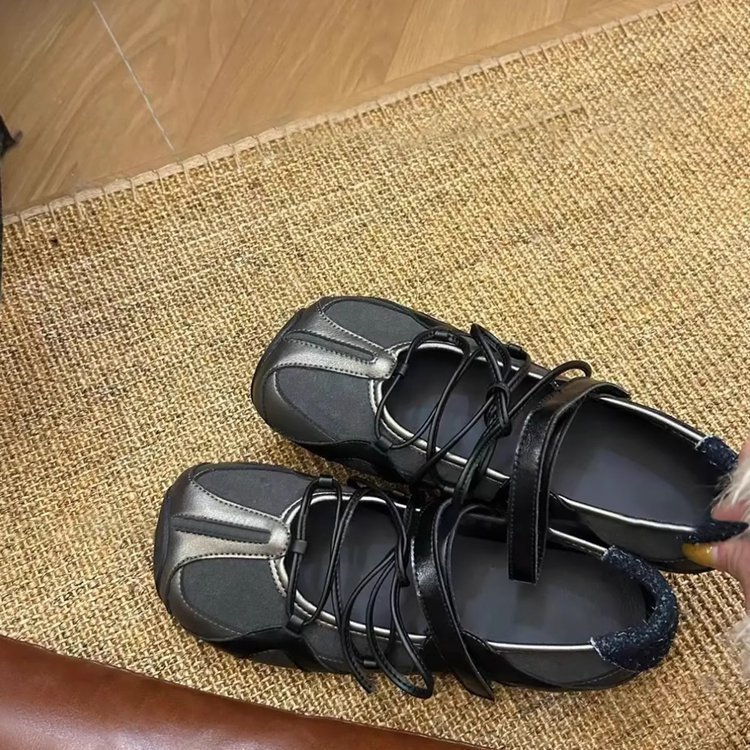牛皮版~机能风运动方头芭蕾鞋女百搭交叉带魔术贴浅口玛丽珍单鞋|undefined
