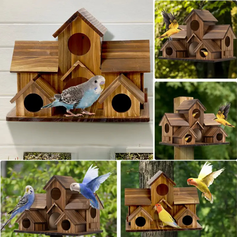 木质悬挂六孔手工天然蜂鸟屋，适用于后院花园庭院露台装饰，实木