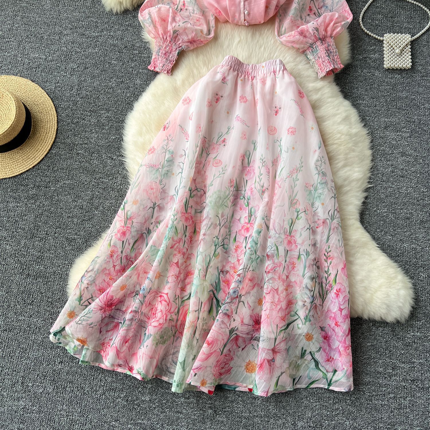 Women's Two Piece Set Elegant Lantern Sleeve Top And Mesh Skirt_voghion.com