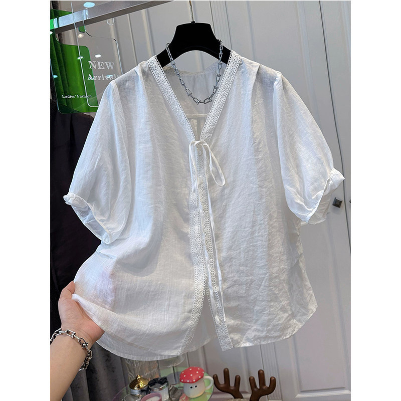 Korean-style lace-trimmed V-neck tie-front lightweight shirt, women's short-sleeved ramie cool-feel solid color summer new style, trendy Korean-style lace-trimmed V-neck tie-front lightweight shirt, women's short-sleeved ramie cool-feel solid color summer new style, trendy