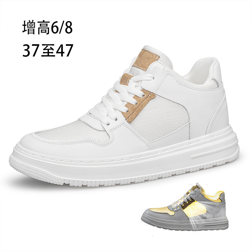 Invisible Inner Heightening Hollow Men's Shoes Spring New Men's White Sneakers Men's Korean Style Trendy Versatile Casual Leather Shoes